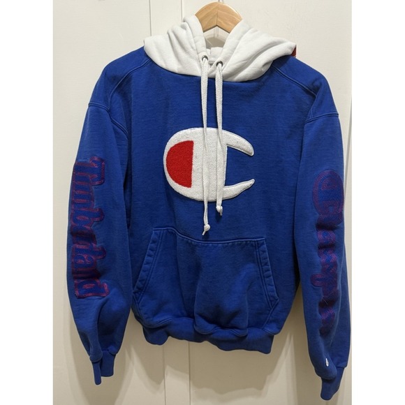 Champion X Timberland Thick Hoodie Size Medium Blue White Embroidered Logo - Picture 1 of 15